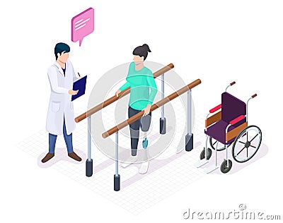 Isometric doctor physiotherapist helping female patient with leg prosthesis to take first step, flat vector illustration Vector Illustration