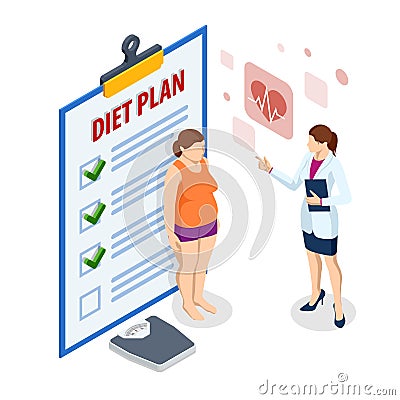 Isometric Doctor s consultation for an overweight patient. Health risk, obesity. Doctor s recommendations. Sport, Diet Vector Illustration
