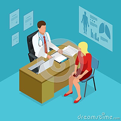 Isometric doctor showing something patient on tablet pc in hospital. Male doctor talking with female patient in doctors Vector Illustration