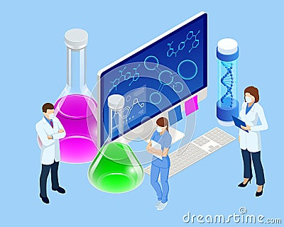 Isometric Doctor Team While Working Analysis Lab, Chemical Laboratory Science. Research Teams in Chemistry Experiments Vector Illustration