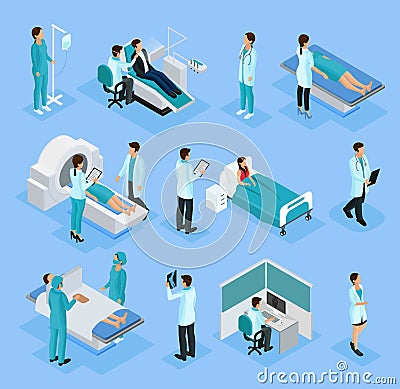 Isometric Doctors And Patients Set Vector Illustration