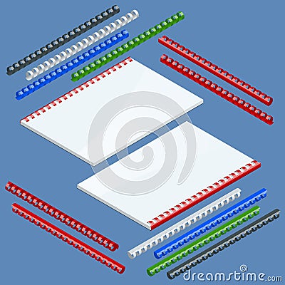 Isometric Document binding components and springs for fastening of catalogs, plastic springs for binding. Vector Vector Illustration