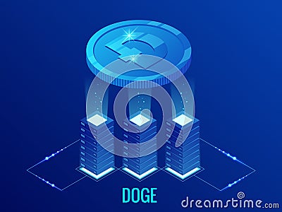 Isometric Dogecoin DOGE Cryptocurrency mining farm. Blockchain technology, cryptocurrency and a digital payment network Vector Illustration
