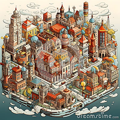 isometric doodle city illustration flat design intricate detailed by Generative AI Cartoon Illustration