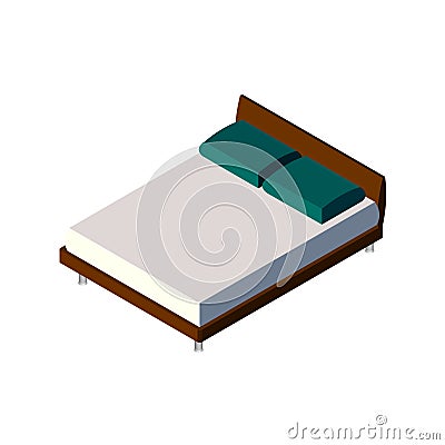 Isometric double bed with mattress and a high back. Vector Illustration