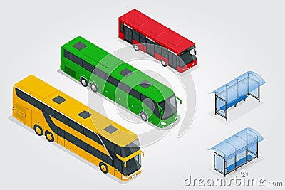 Isometric Double Decker Bus, City public bus and bus stop with blank surface for your creative design. Road vehicle Vector Illustration