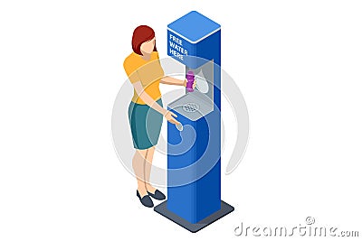 Isometric drinking water filling station, Refill, and Reusable bottle. Eco-friendly. Free public water bottle refill Vector Illustration