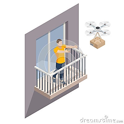 Isometric drone delivery delivering big brown post package into urban city. Technological shipment innovation. Vector Illustration