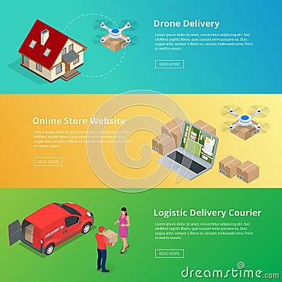 Isometric Drone Fast Delivery of goods in the city. Technological shipment innovation concept. Autonomous logistics. Vector Illustration