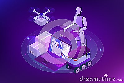 Isometric Drone Fast Delivery of goods in the city. Technological shipment innovation concept. Autonomous logistics Vector Illustration