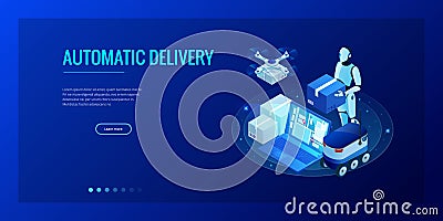 Isometric Drone Fast Delivery of goods in the city. Technological shipment innovation concept. Autonomous logistics Vector Illustration