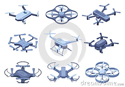 Isometric drones, flying quadcopter with remote controllers. Remote control, unmanned aerial drones vector illustration Vector Illustration