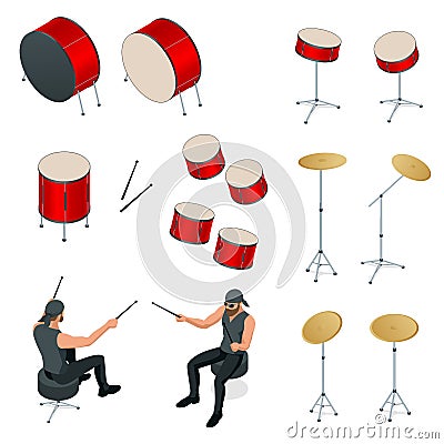 Isometric drummer behind the drum icon set. Rehearsal base, drummer playing the drums set isolated Vector Illustration