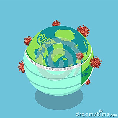 Isometric The earth put a surgical mask to protect against covid-19 Vector Illustration