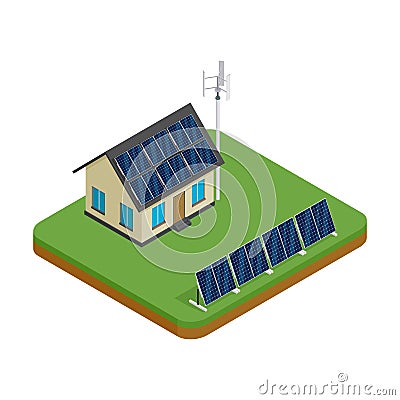 Isometric eco friendly house with wind turbine and solar panels. Green energy concept. Vector Illustration