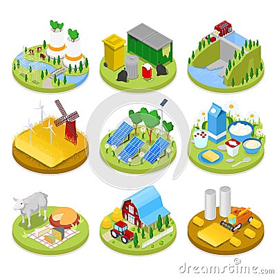 Isometric Ecology Concept. Renewable Energy. Agriculture Industry. Healthy Natural Food Vector Illustration