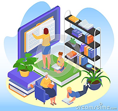 Isometric education concept, vector illustration, tiny man woman character read book in library, get school knowledge at Vector Illustration