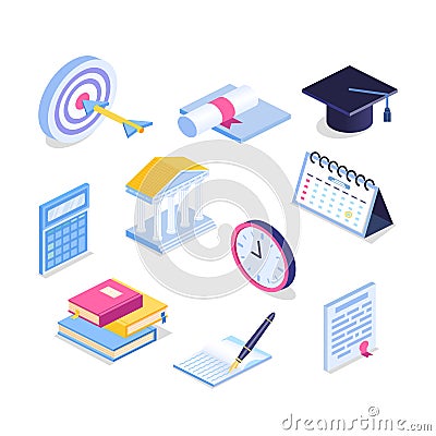 Isometric education icon set. 3d graduation vector illustration. Book, calendar, notebook, graduation cap, goal Vector Illustration