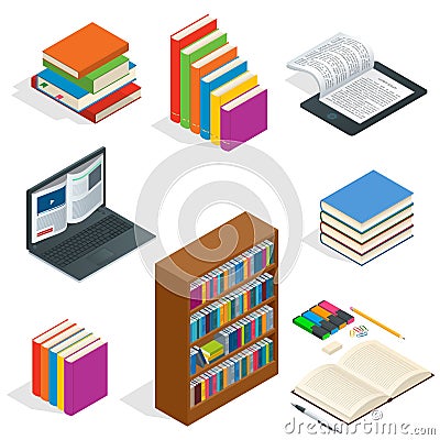 Isometric Educational Concept. Open book of knowledge, back to school, different educational supplies Can be used for Vector Illustration