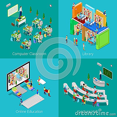 Isometric Educational Concept. University Computer Classroom, Online Education, Library, College Lecture Hall Vector Illustration