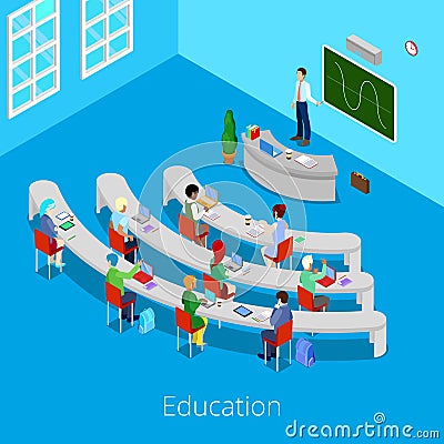 Isometric Educational Process. Flat 3d University Lecture Room with Teacher and Students Vector Illustration