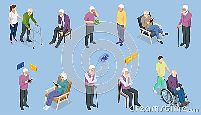 Isometric Elderly care. Elderly, old people, and senior people at home. Aged people. Grandparents, Aged seniors nurse Vector Illustration