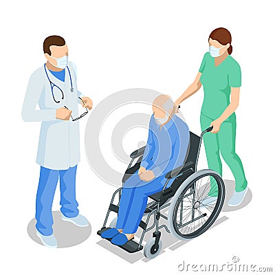 Isometric elderly patient in wheelchair and his caregiver at retirement home. Doctor take care of a man patient sitting Vector Illustration