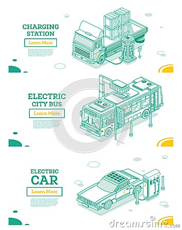 Isometric Electric Car, Bus and Flatbed Cargo Truck with Boxes on Charging Station Stock Photo