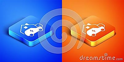 Isometric Electric car parking charging at home wall box charger station on house icon isolated on blue and orange Stock Photo