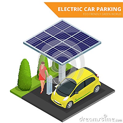 Isometric Electric car parking, electronic car. Ecological concept. Eco friendly green world. Flat 3d vector isometric Vector Illustration