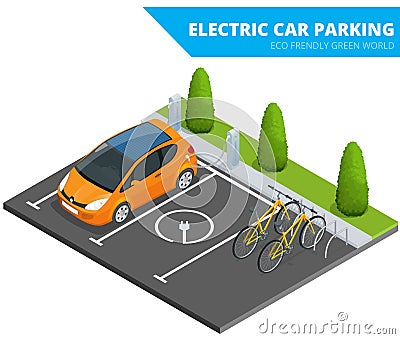 Isometric Electric car parking, electronic car. Ecological concept. Eco friendly green world. Flat 3d vector isometric Vector Illustration