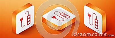 Isometric Electric extension cord icon isolated on orange background. Power plug socket. Orange square button. Vector Vector Illustration