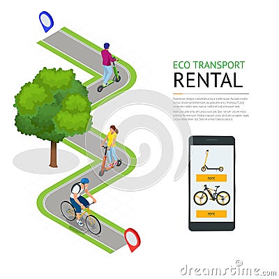 Isometric electric scooters and bike for rent at station and cashier machine for payment. Mobile application on the Vector Illustration