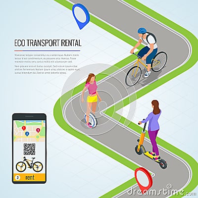 Isometric electric scooters and bike for rent at station and cashier machine for payment. Mobile application on the Vector Illustration