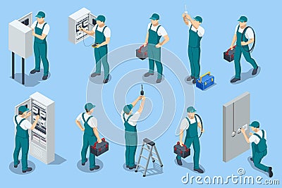 Isometric Electricity works set. Professional worker in the uniform repair electrical elements. Electric switchboards Vector Illustration