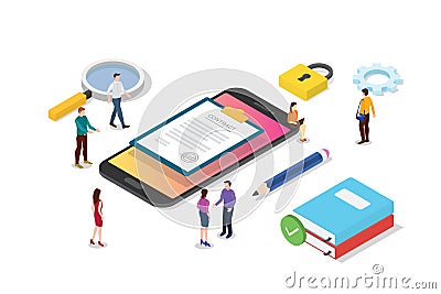 Isometric electronic digital contract concept with team people and contracts paper document - vector Cartoon Illustration