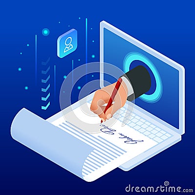 Isometric electronic signature concept. Electronic Document, digital form attached to electronically transmitted Vector Illustration