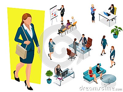 Isometric elegant business women in formal clothes. Base wardrobe, feminine corporate dress code. Business negotiations Vector Illustration