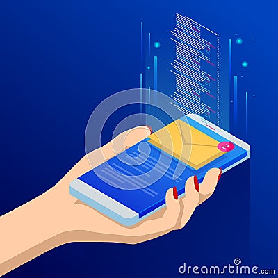 Isometric email or sms app on a smartphone screen. New message is received. Female fingers touching smartphone with mail Vector Illustration