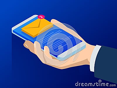 Isometric email or sms app on a smartphone screen. New message is received. Male fingers touching smartphone with mail Vector Illustration