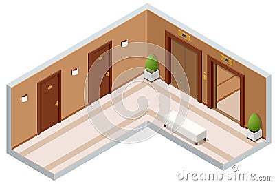 Isometric empty luxury hotel hallway interior with closed numbered doors, glowing wall lamps, potted plants and elevator Vector Illustration