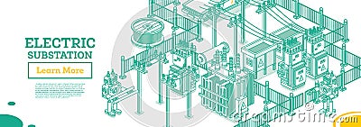 Isometric Energy Substation. Electric Transformer. Outline Concept. Vector Illustration. Green Color. Part of Distribution Chain Stock Photo