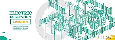Isometric Energy Substation. Electric Transformer. Outline Concept. Vector Illustration. Green Color. Part of Distribution Chain Stock Photo