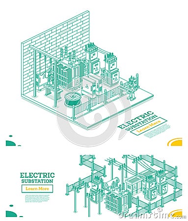 Isometric Energy Substation Interior. Electric Transformer. Outline Concept. Illustration. Green Color. Part of Distribution Chain Stock Photo