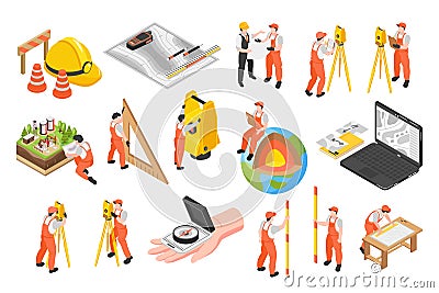 Isometric Engineer Surveyor Set Vector Illustration
