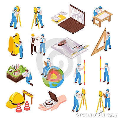 Isometric Engineer Surveyor Set Vector Illustration