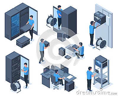 Isometric engineers characters serve data center network equipment. Computer network technology repair workers vector Vector Illustration