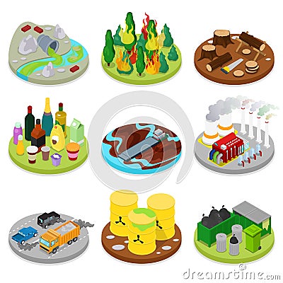 Isometric Environmental Pollution Set. Chemical Waste. Dirty Water. Industrial Building Vector Illustration