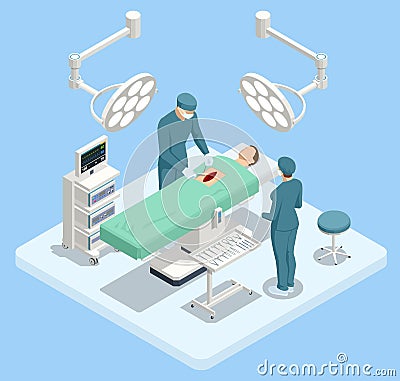 Isometric Equipment and Medical Devices in Modern Operating Room. Medical Team Performing Surgical Operation in Modern Vector Illustration