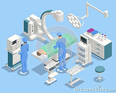 Isometric Equipment and Medical Devices in Modern Operating Room. Medical Team Performing Surgical Operation in Modern Vector Illustration